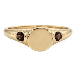 Smokey Quartz Flush Set Signet Ring | Minimalist Engraved Initial Disc Ring | Unisex Modern Statement Ring Us 7 For Sale
