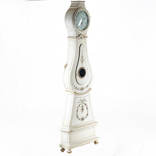 Very decorative early 1800s antique Swedish mora clock with elaborate handpainted detail on the hood and body in a white...
