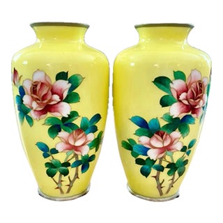 Pair of 1950s Yellow Japanese Cloisonne Vases For Sale