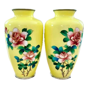 Pair of 1950s Yellow Japanese Cloisonne Vases