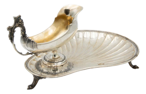 Spaceship-Shaped Silver Sauce Boat with Raised Handle and Gummed Plate