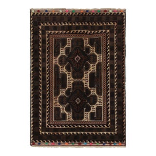 Afghan Baluch Tribal Rug With Beige-Brown and Blue Geometric Patterns For Sale