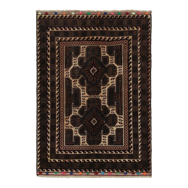 Afghan Baluch Tribal Rug With Beige-Brown and Blue Geometric Patterns For Sale