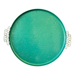 MCM Hollywood Regency Teal / Green Enamel Round Serving Tray, Moiré Glaze by Kyes For Sale