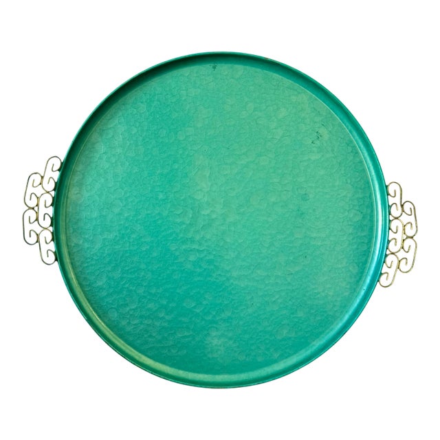 MCM Hollywood Regency Teal / Green Enamel Round Serving Tray, Moiré Glaze by Kyes For Sale
