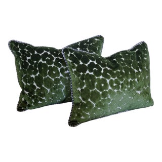 Contemporary Cheetah Print Throw Pillows in Green Velvet - a Pair For Sale