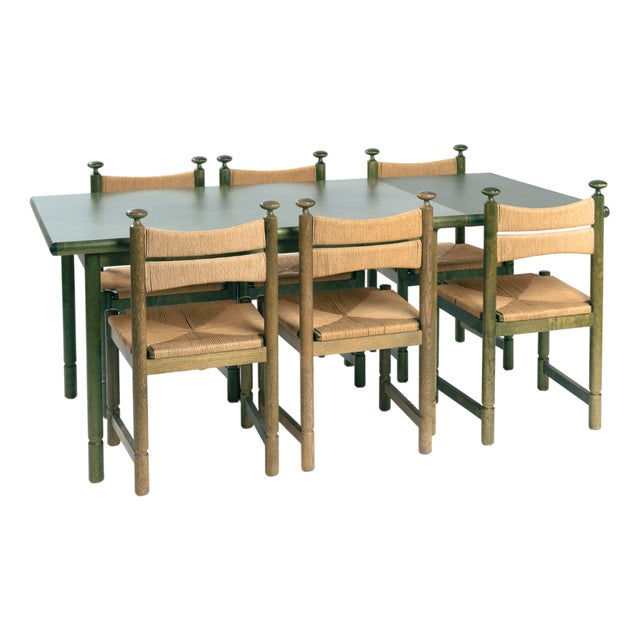 Odessa Dining Chairs and Extendible Table in Stained Birchwood and Danish Cord, 1970s, Set of 7 For Sale