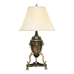 Large English Chinoiserie Toleware Urn Table Lamp — Black & Gold Lacquer