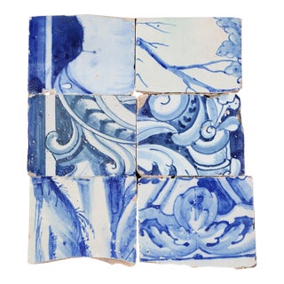 18th Century Antique Portuguese Baroque Tiles With Rococo Scrollwork & Landscape Details, Set of 6 For Sale