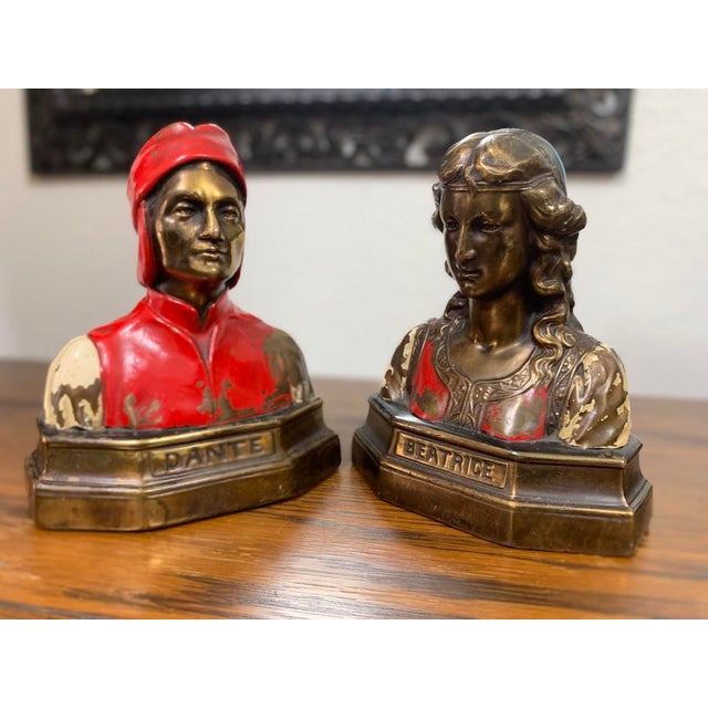 Antique Art Nouveau Dante & Beatrice Figural Bronze Bookends – Heavy Painted Bust Pair For Sale In San Francisco - Image 6 of 6