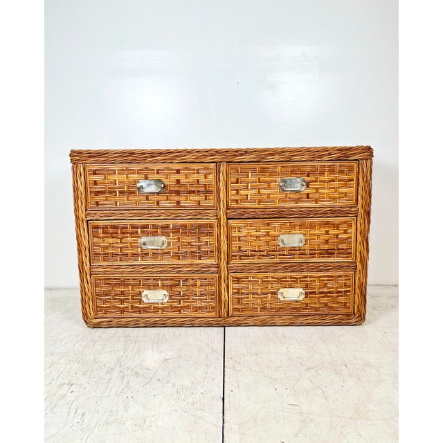 Wood Vintage Woven Rattan Wicker Campaign Dresser For Sale - Image 7 of 12