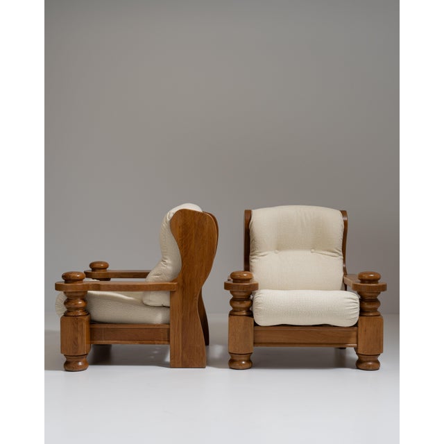 Brutalist Pair of 1970s French Chestnut Brown Brutalist Oak Upholstered Armchairs For Sale - Image 3 of 15