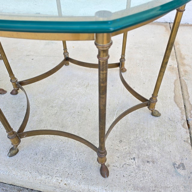 Vintage Labarge Side Tables Brass Glass Hoof Footed Octagonal Pair For Sale In Miami - Image 6 of 17