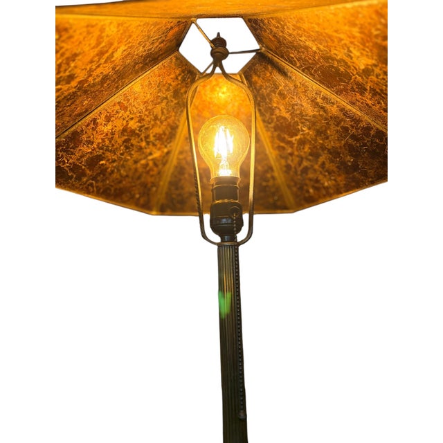 Antique 1910s Edward Miller Table Lamp With Original Copper Finish, 1920s Orange and Gold Mica Shade With Rewired Pullchain Socket For Sale - Image 9 of 18
