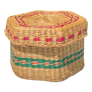 Antique Sweet Grass Basket With Lid in Pink and Green For Sale