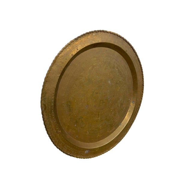 Large Decorative Engraved Brass-Toned Tray With Scalloped Edge and Figural Motifs For Sale - Image 4 of 9