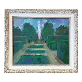French Formal Garden With Fountain, Oil on Board, Circa 1940s For Sale