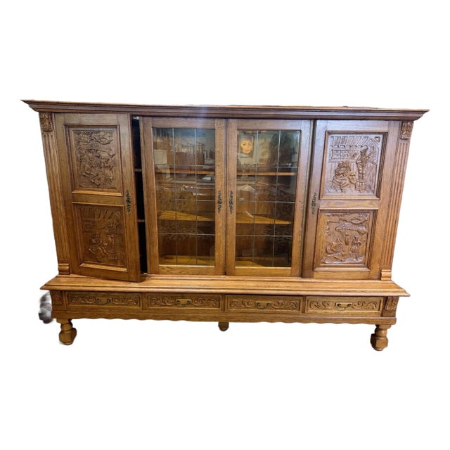 Two Piece French Renaissance Oak Revival Hutch For Sale
