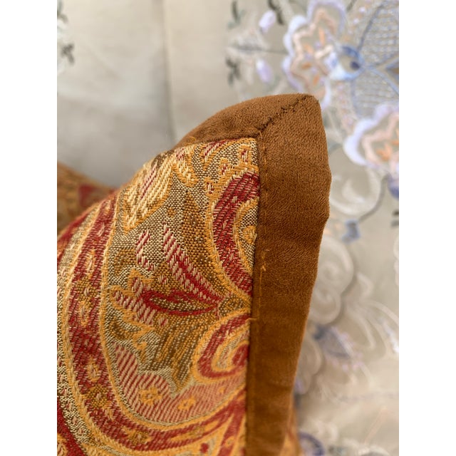 Lauren Ralph Lauren Lauren Ralph Lauren Dalmency Hall Gold Burgundy Sage Green, Suede Trim Medallion Paisley Decorative Pillow 24” X 24” For Sale - Image 4 of 12