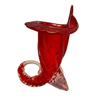 Vintage Ruby Red Swirl Glass Cornucopia Horn of Plenty Vase Attributed to Murano For Sale