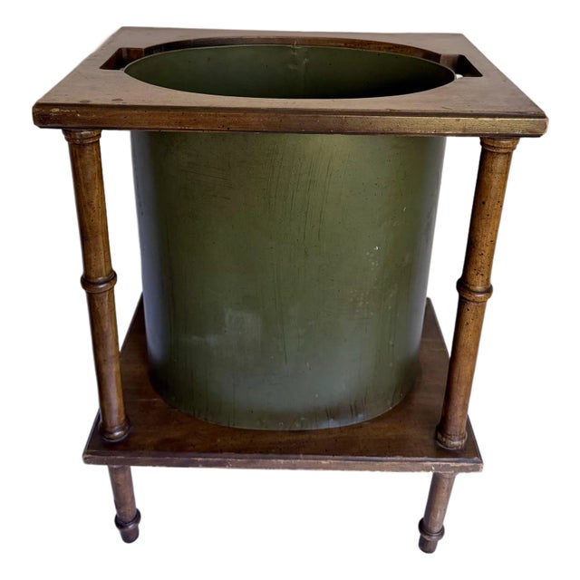 Traditional "Diplomat" Faux Bamboo and Green Metal Wastebasket by Brandt For Sale