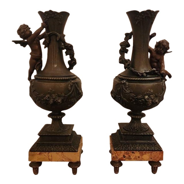 Pair of 1900s Bronze Cherub Ornamental Vases For Sale
