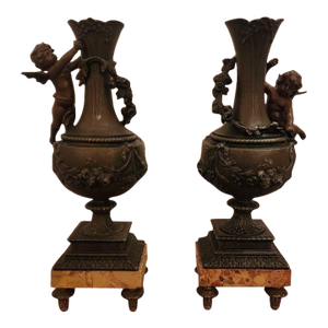 Pair of 1900s Bronze Cherub Ornamental Vases