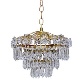 Vintage Brass and Glass Rosette Rim and Crystal Prism Chandelier For Sale