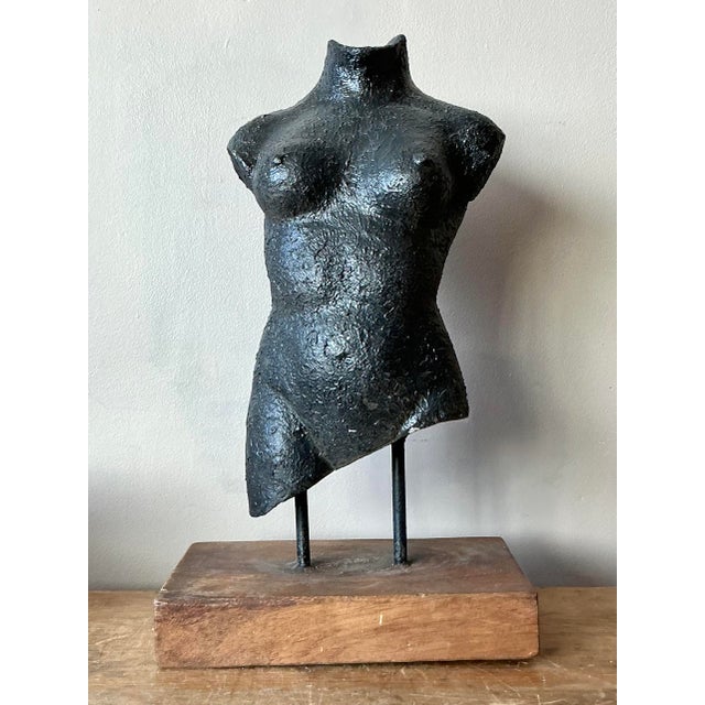 Wood Vintage Boho Patinated Ceramic Female Torso Sculpture For Sale - Image 7 of 7