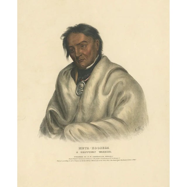 Ojibwe Warrior Portrait, Meta-Koosega, Hand-Colored Lithograph, 1838 For Sale