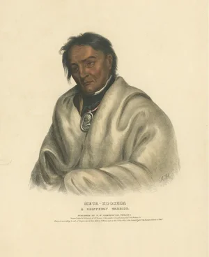 Ojibwe Warrior Portrait, Meta-Koosega, Hand-Colored Lithograph, 1838