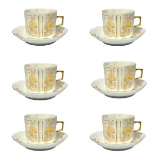 1940s Gardner Verbilki 6-Piece Porcelain Gold Flower Demitasse Espresso Cups Saucers - Set of 12 For Sale