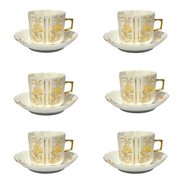 1940s Gardner Verbilki 6-Piece Porcelain Gold Flower Demitasse Espresso Cups Saucers - Set of 12 For Sale