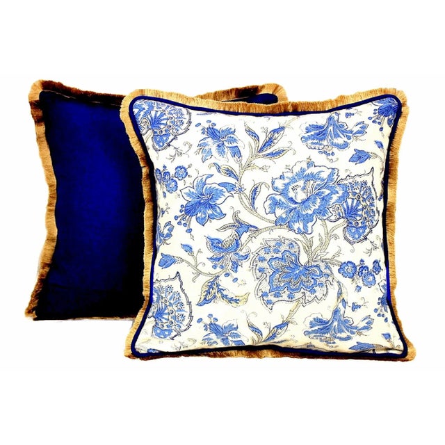 18th Century French Blue Floral Linen Fringe Pillow With Piping For Sale - Image 9 of 12
