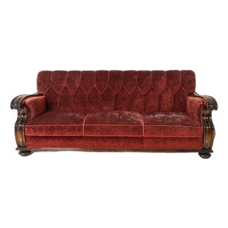 1940s Swedish Art Deco Traditional Transition Sofa Velour Upholstery & Carved Arms For Sale