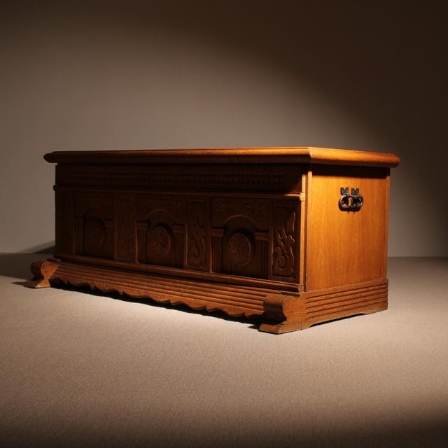 Carved Oak Chest with Decorative Front, Germany, 1970s For Sale - Image 10 of 12