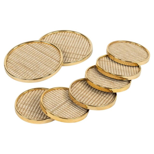 Mid-Century Modern Barware Coasters in Brass and Rope, Italy, 1970s, Set of 8 For Sale - Image 13 of 14