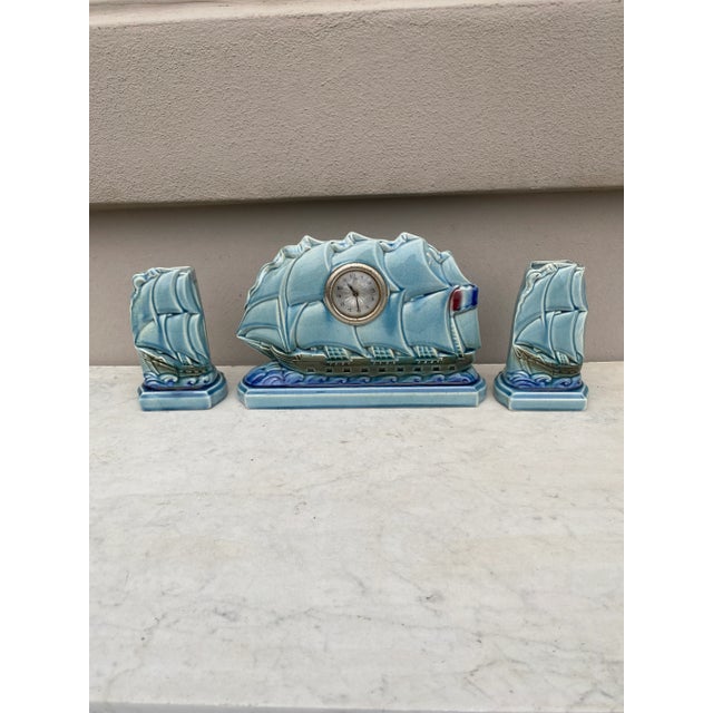 Ceramic French Majolica Sailing Ship Clock With Vases Sarreguemines Circa 1930 For Sale - Image 7 of 7