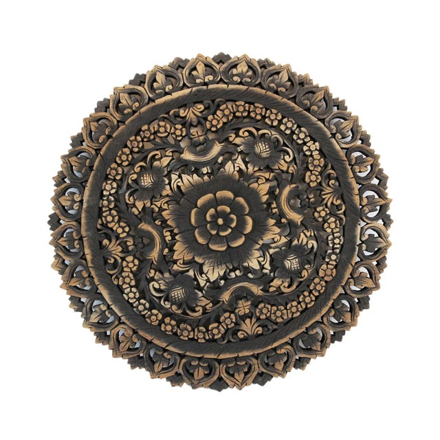 Boho Chic Vintage Antique Burn Finish Carved Medallion Panel 24" For Sale - Image 3 of 3