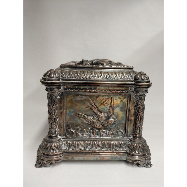 Incredible men's European casket box. Sterling over bronze. Repousse finish of stags, wetland scenes and cranes. Gold...
