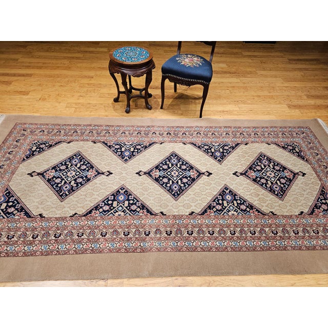 Vintage Persian Malayer Gallery Rug, Hand-Knotted Wool, Geometric Pattern, 5x10, Camehair & Navy For Sale - Image 4 of 13