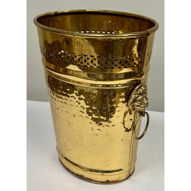 Mid 20th Century Vintage Hammered Brass Lion Handle Wastebasket or Umbrella Stand For Sale - Image 5 of 9