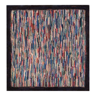 1920s Muticolor Abstract Folk Art Antique American Hooked Rug 4'5"x4'9" Handknotted Wool Carpet For Sale