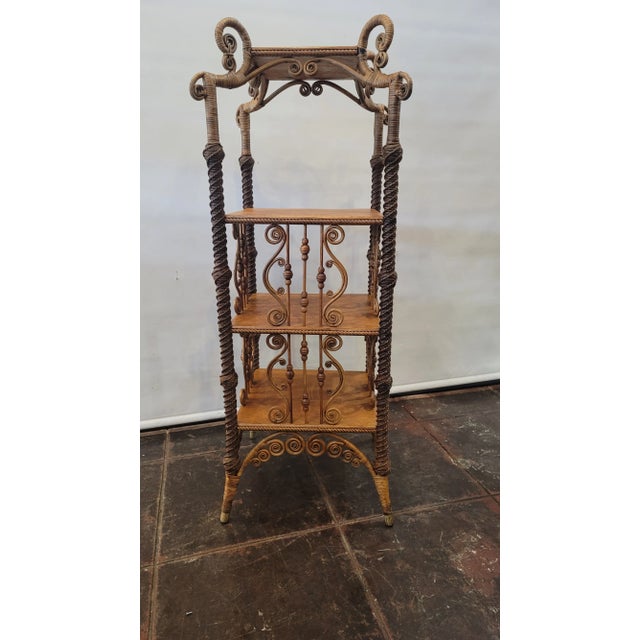 Victorian 1880s Victorian Wicker Bamboo Heywood Brothers Co. ( Heywood Wakefield) Etagere Nick Nack Table For Sale - Image 3 of 8