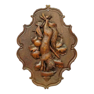 Antique Wooden Carved Black Forest Game Plaque With Fox
