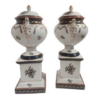 Beautiful Pair of Vintage Neoclassical Porcelain Urns For Sale