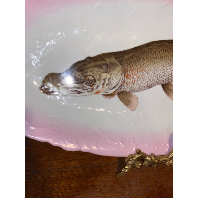 Antique Fish Platter ServeWare . Victorian Porcelain Fish Platter With a Hand-Painted Muskellunge, Circa 1891. 24.5” For Sale - Image 11 of 12