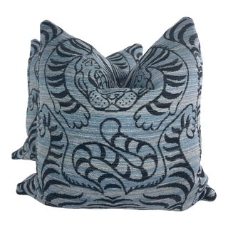 Tibetan Tiger Chenille in Blue/Black 22" Pillows-A Pair For Sale