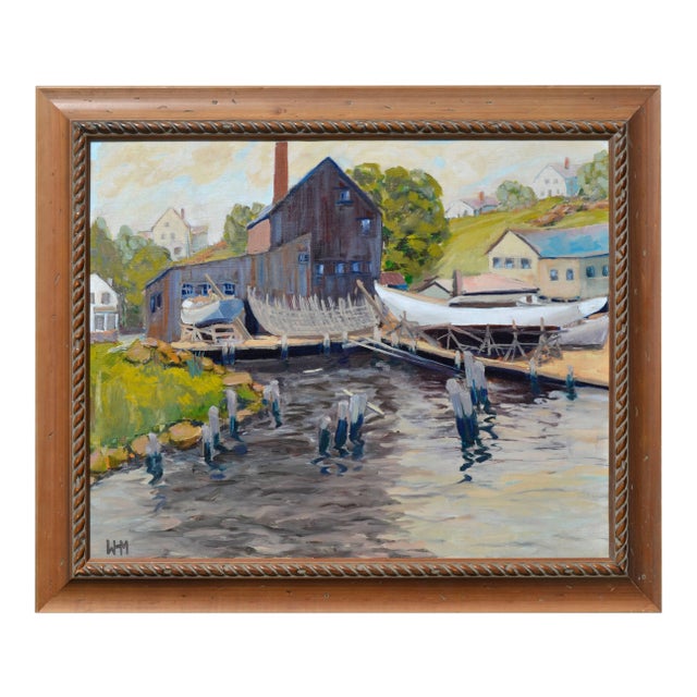 Impressionist Boat Docks Pacific Grove Oil on Canvas 1950s For Sale