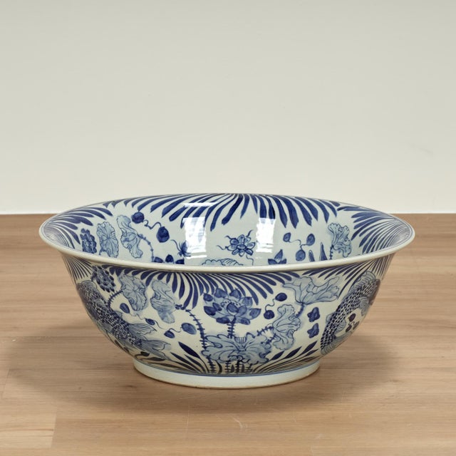Large Chinese Blue and White Porcelain Fish Bowl For Sale - Image 4 of 11